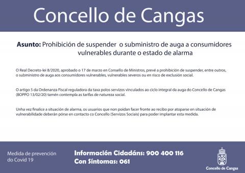 Prohibición de suspende o subministro de auga a consumidores vulnerables durante o estado de alarma