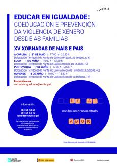 Cartel XV Xornada de nais e pais, educar en igualdade: Coeducación e prevención da violencia de xénero desde as familias