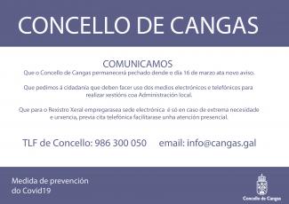 Comunicado: O Concello de Cangas pernanecerá pechado dende o 16 de Marzo ata novo aviso